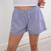 Women's elastic waist striped plaid print shorts.